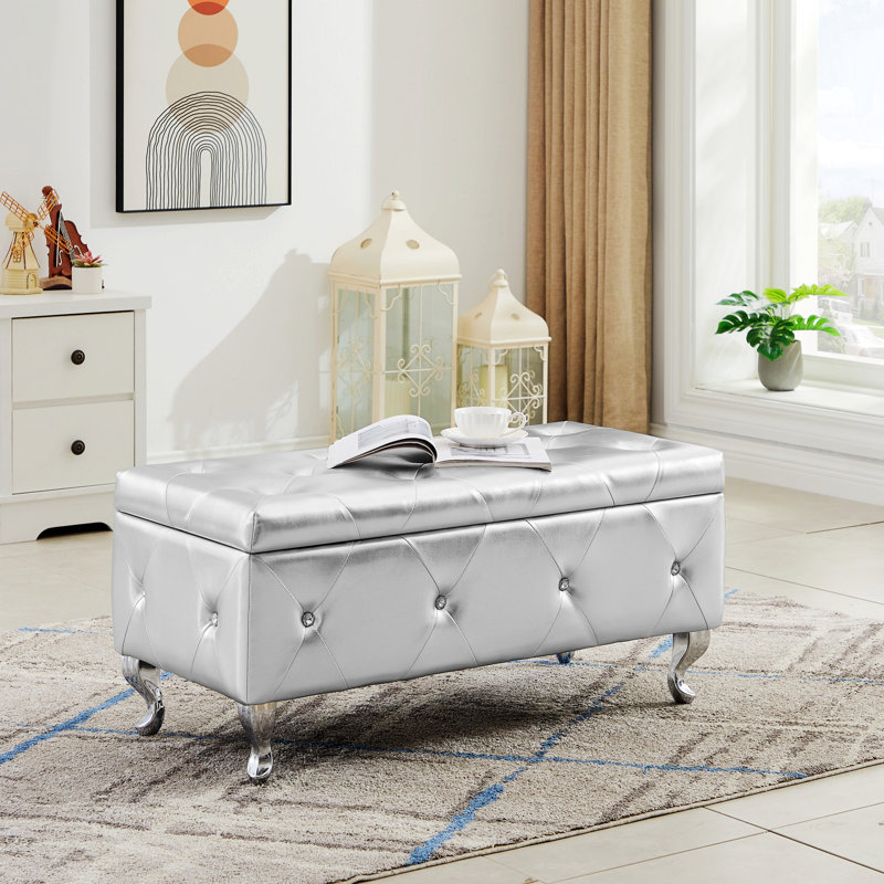 Silver PU Upholstered Storage Bench with Padded Seat