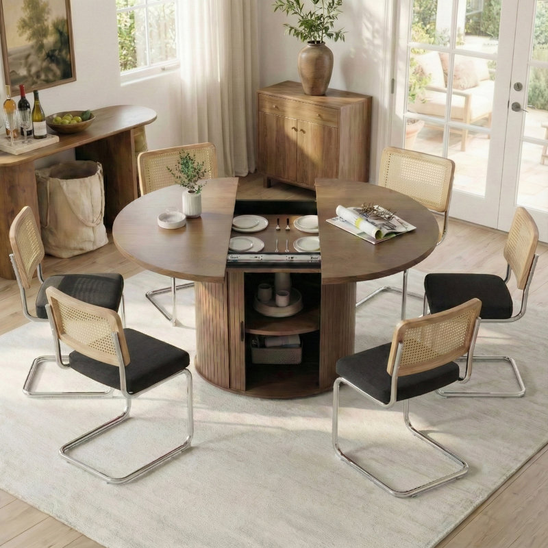 Ensemble de table de salle à manger extensible ronde avec 6 chaises en porte-à-faux, Noir