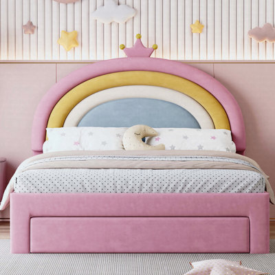 Full Size Upholstered Rainbow Design Bed, Velvet Princess Platform Bed with Storage Drawer