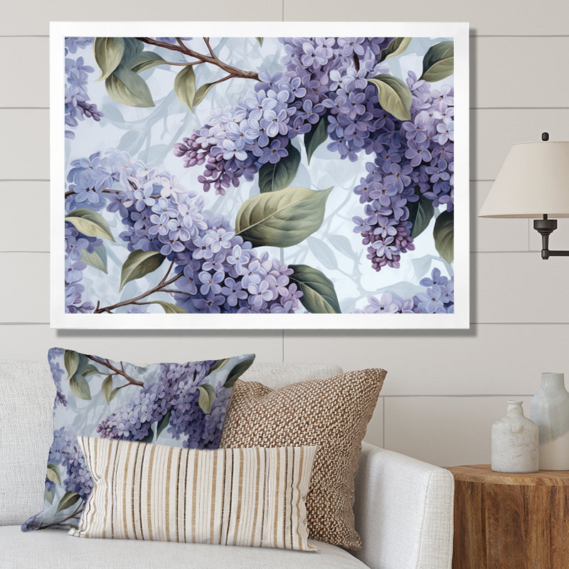 Mauve et gris, lilas, fleurs parfumées IV - art mural floral, H 34 po x l 44 po x P 1,5 po, Cadre photo blanc