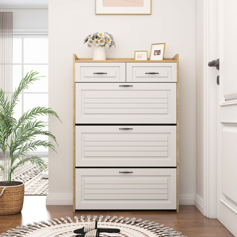 Armoire de rangement pour chaussures blanche et chêne, 3 tiroirs rotatifs, maximise l'utilisation de l'espace Armoire à grande capacité avec portes 2 couleurs, look moderne