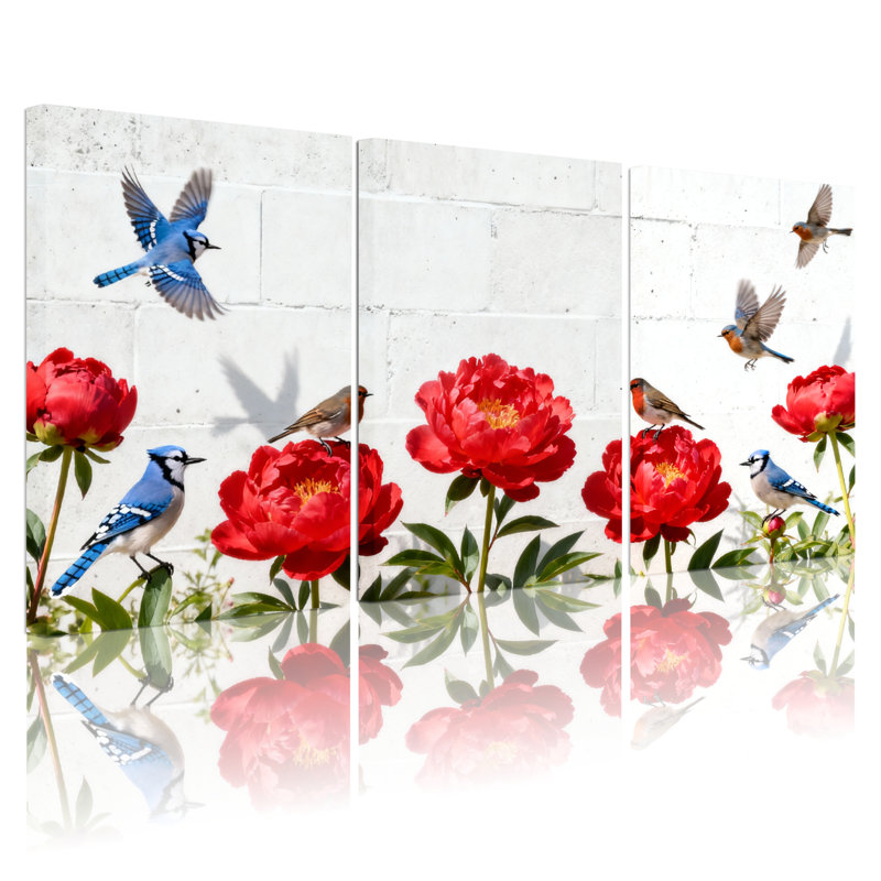 Ensemble de 3 tableaux sur toile tendue représentant des pivoines rouges et des merles bleus, pour la décoration du salon, de la chambre et de la maison.