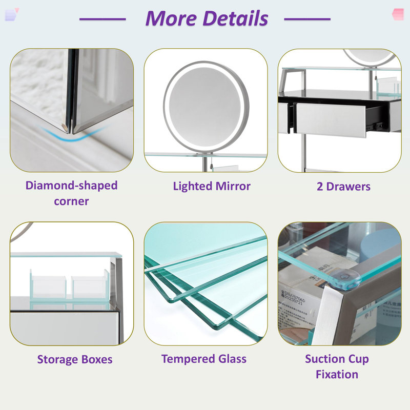 Coiffeuse Fumiaki avec miroir éclairé, 2 tiroirs, une tablette ouverte, des boîtes de rangement et une station de charge