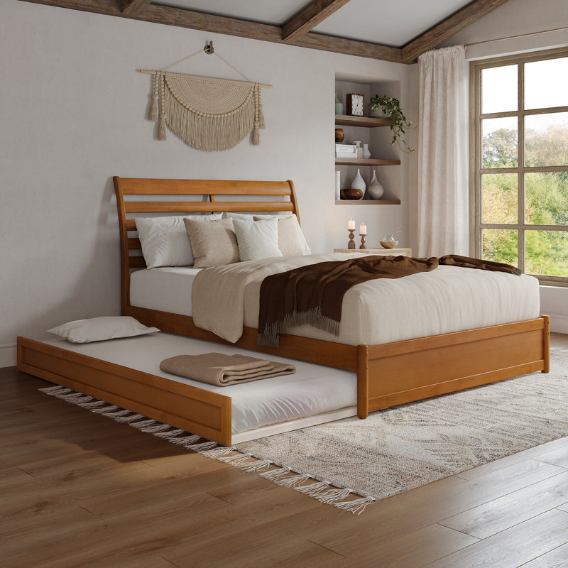 Lamareon Solid Wood Platform Bed with Footboard & Roll Out Trundle Bed, Queen, Light Toffee
