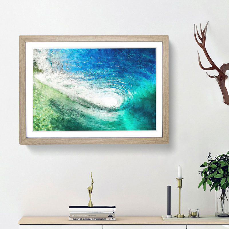 Within the Wave in Blue and Green - Picture Frame Painting Print on MDF, Oak Framed, 45cm H x 63cm W x 2cm D