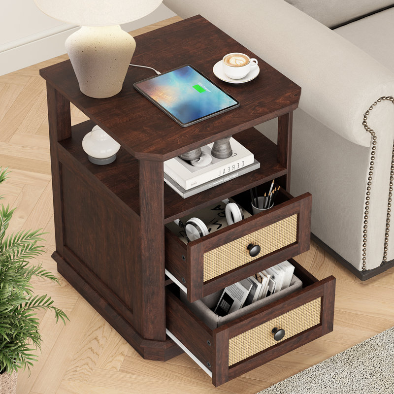  Rattan Nightstands with Storage and Built-in Outlets for Bedroom, 2 Drawers End Side Tables for Living Room,Office, Cherry