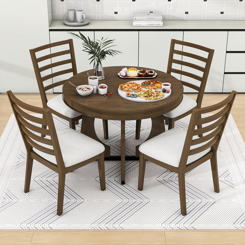 Ensemble de salle à manger extensible 5 pièces avec table et 4 chaises rembourrées Halie, Noyer, Noyer / beige