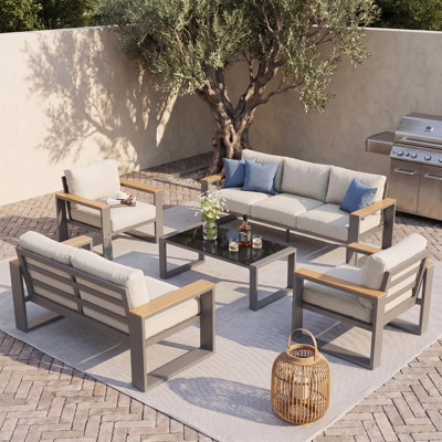 Ensembles de mobilier de patio tout en aluminium avec sièges surdimensionnés, ensemble de mobilier d'extérieur pour toutes les saisons, ensembles de conversation d'extérieur avec accoudoirs en bois doux au toucher