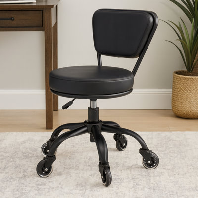Dayton Adjustable Height Ergonomic Lab Stool With Black Leather Seat, Matte Black Frame, Rolling Casters – Office, Drafting, Task & Medical Chair