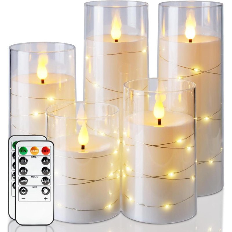 Flameless Candles With Embedded Star String Fairy Lights, Battery Operated Candles, LED Candles, Fake Candles With Remote Control And Timer, Acrylic, Set Of 5(H4 5" 6" 8" 8")