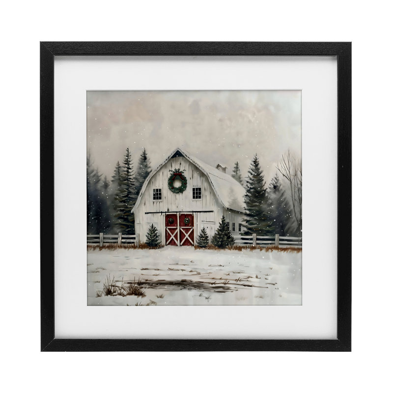 Christmas Barn with Wreat, reproduction encadrée sous verre, design by Creative Studio, H 13 po x l 13 po, Cadre noir minuit