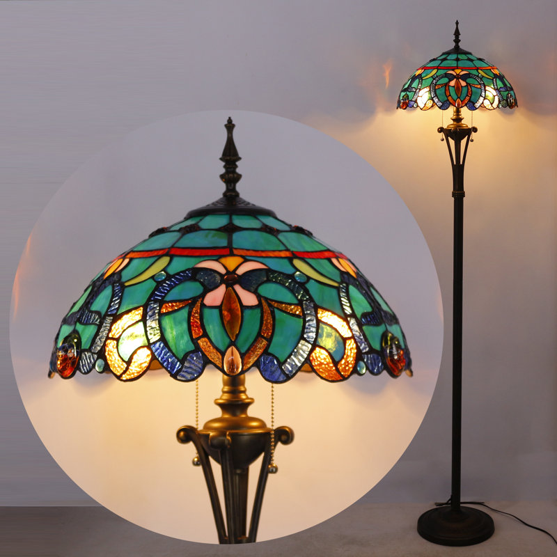 Tiffany Floor Lamp Blue Green Stained Glass Jewelry Baroque Standing Reading Light 16X16X70 Inches Antique Pole Corner Lamp Decor Bedroom Office Living Room