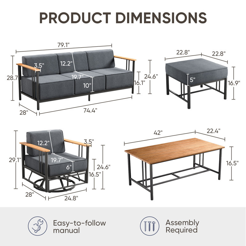 Coan 10 Person Outdoor Patio Modern Metal Party Conversation Set With 4 Swivel Chairs, Black Cushion/Black Frame