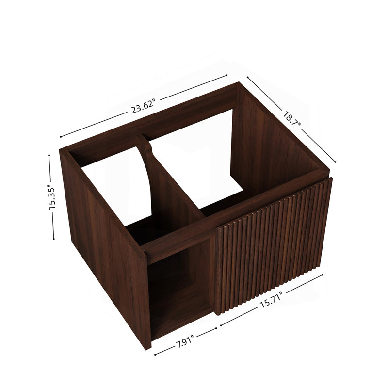 Meuble suspendu de 61 cm (24 po) avec une porte rayée et une tablette ouverte, sans lavabo ni comptoir, sans robinet ni couvercle d'évier.
