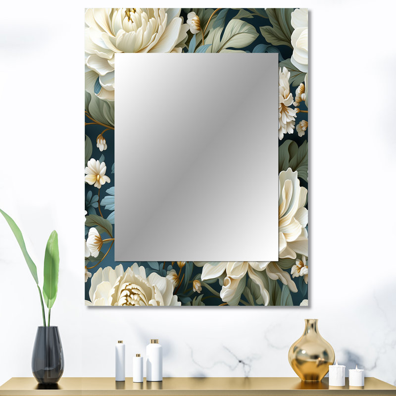 Cedri beige et vert naturel damassé sérénité - miroir floral, miroir mural floral unique, impression d'art en métal