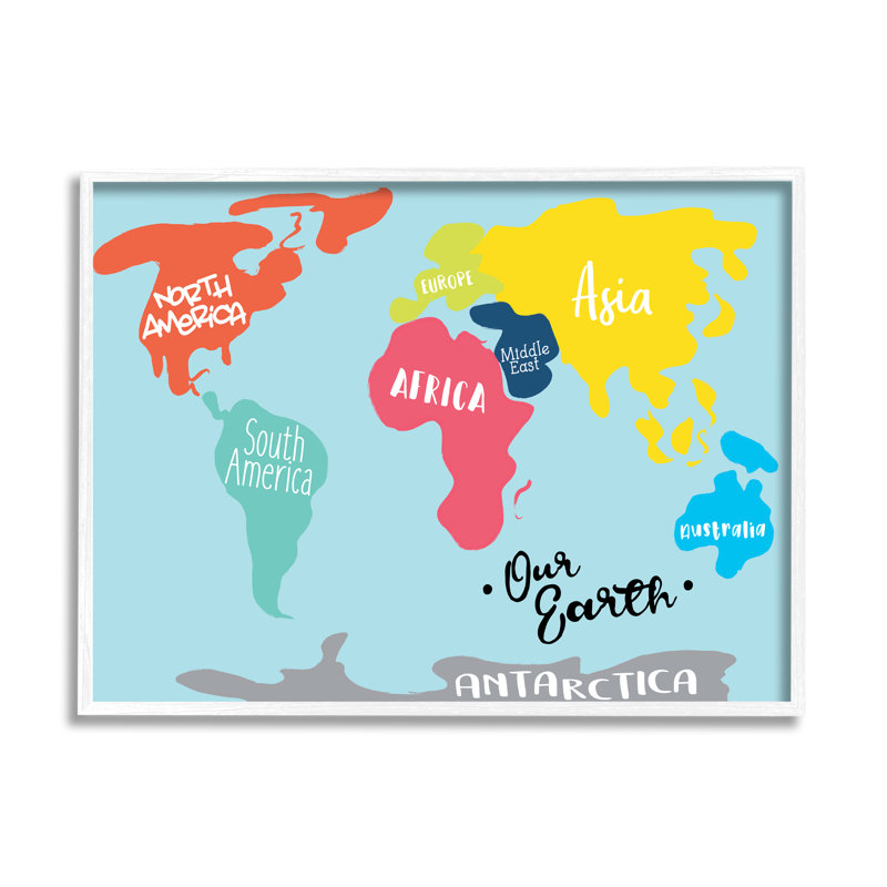 «Abstract Our Earth World Map Bold Shape Régions» par Milli Villa - impression sur toile, Giclée encadrée blanc bord de mer