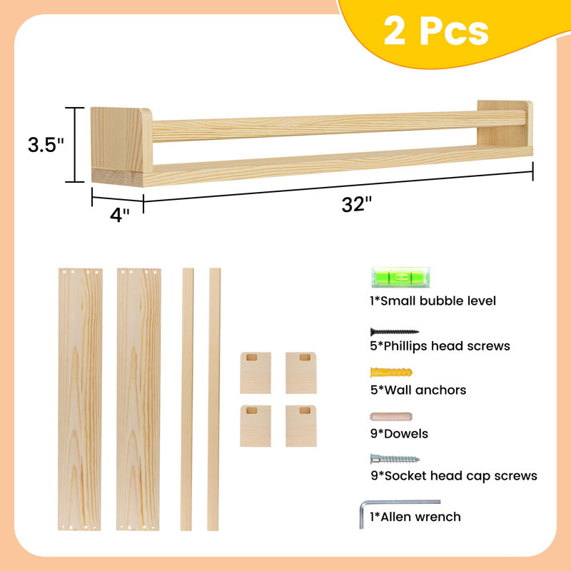 Tablette flottante en bois de pin 2 pièces Graviel, H 3,5 po x l 32 po x P 4 po, Naturel