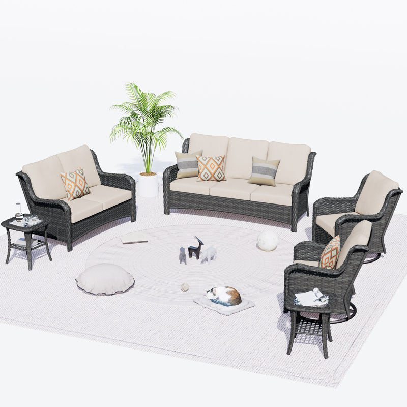 Ensemble de conversation d'extérieur 7 places avec coussins NTC, Beige, Brun