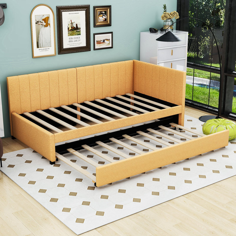 Linen Upholstered Daybed with Trundle, Twin, Yellow