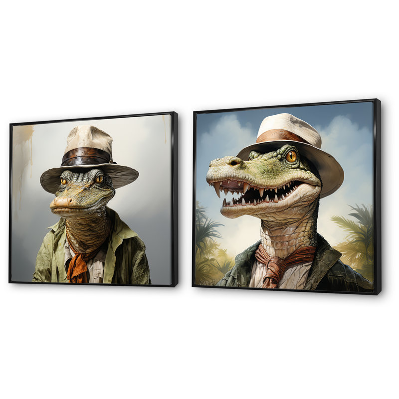«Alligator campagne en costume I», ensemble de salon mural en alligator / crocodile, Cadre flottant noir