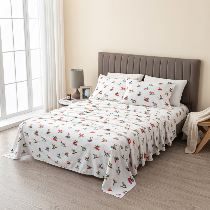 Queen Gray Cotton Flannel Holiday Print Sheet Set