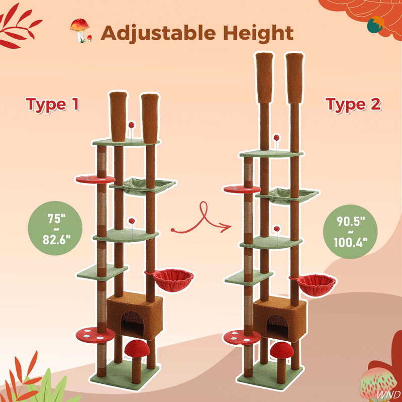 Adjustable Brown and Green Tall Cat Tree with Condo and Hammock