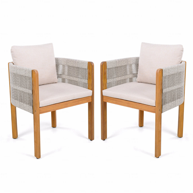 Acacia Wood Outdoor Dining Chairs 2-Pack With Mix White Rope Handles, Washable Waterproof Beige Cushions, 400 Lbs Capacity