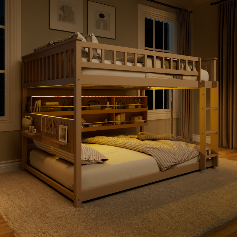 Lit superposé double au-dessus de double avec tablette de rangement, lumière DEL et panneau perforé changeant de couleur, cadre de lit convertible en bois massif, beige