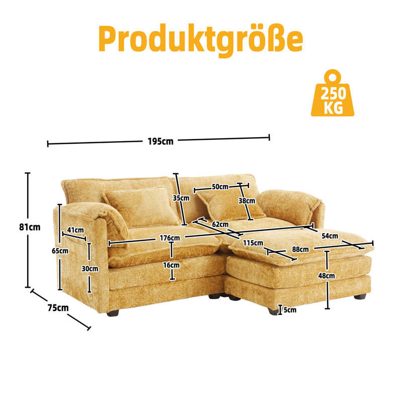 Aidon 2 Seater Chenille Sofa, Yellow