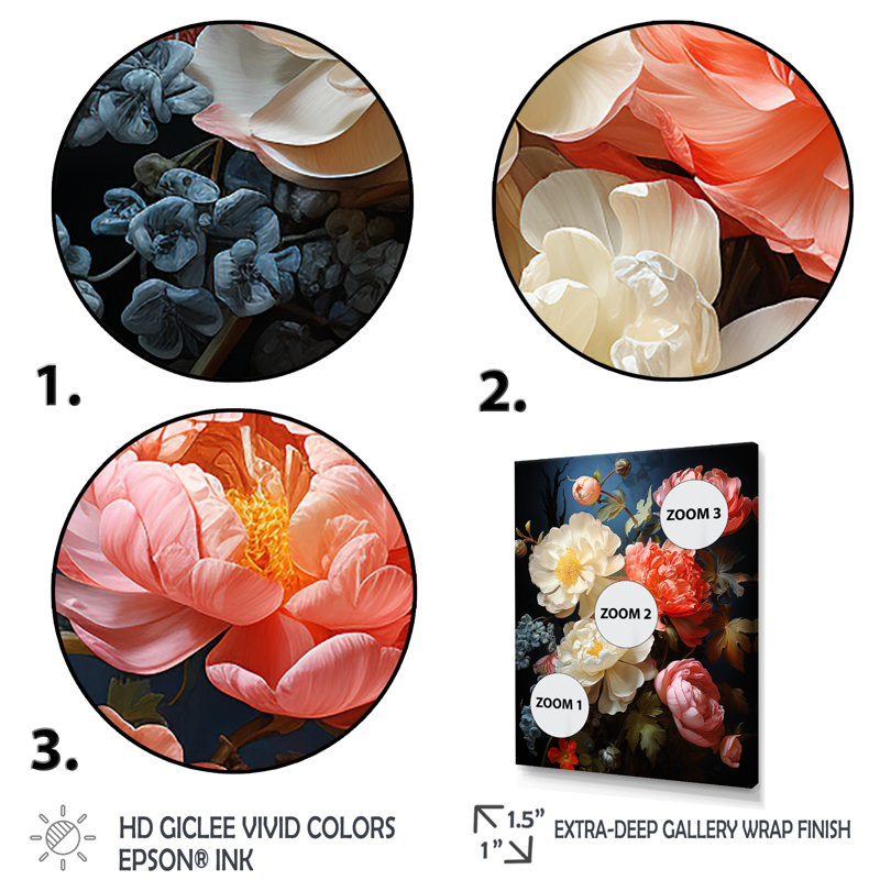 Œillets roses en fleurs - art mural floral abstrait, H 20 po x l 12 po x P 1 po, Cadre flottant doré