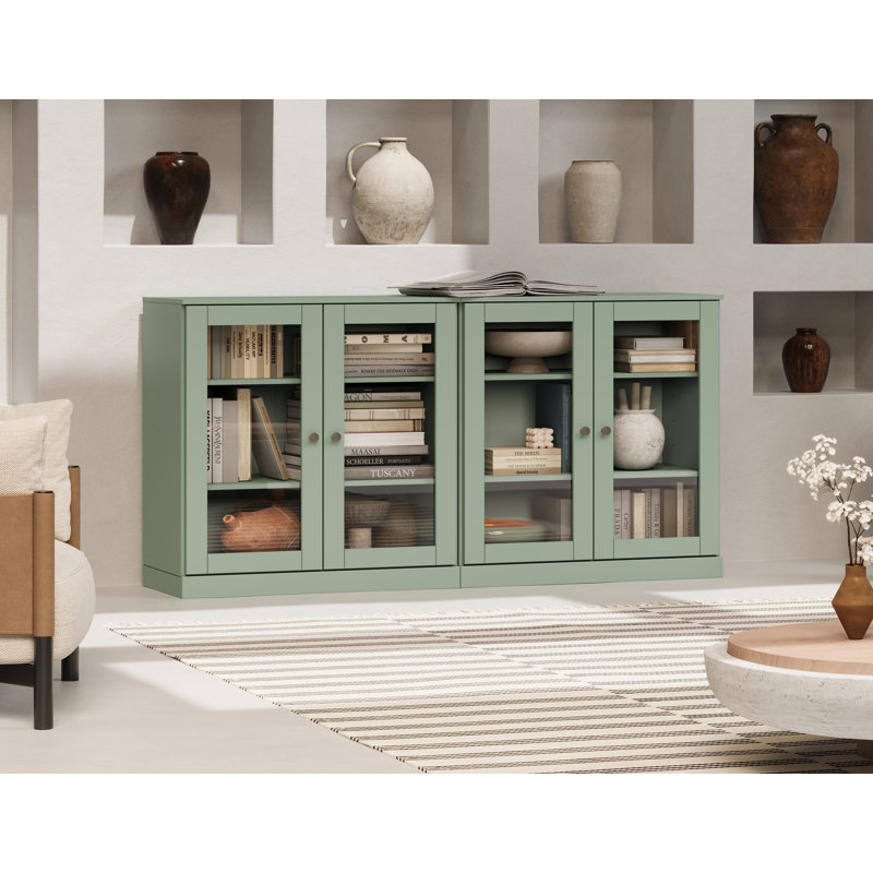 100% Solid Wood 64" Sideboard with Frosted Glass Doors, 4-Drawers, Sage