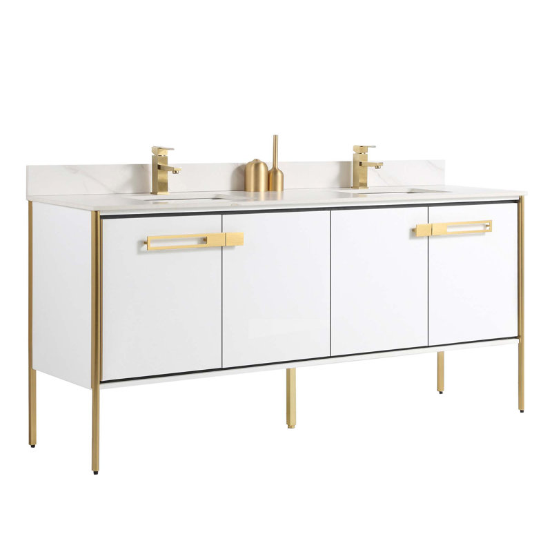 Meuble-lavabo double 72 po, Blanc mat, Laiton satiné