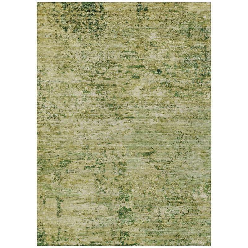 Machine Washable Green and Beige Synthetic Fern Rug