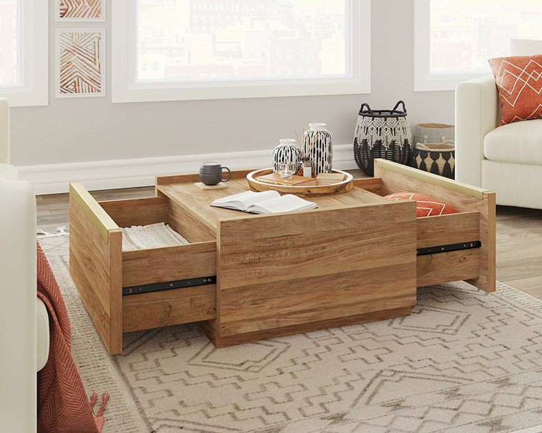Modern Square Coffee Table with Storage, Tan