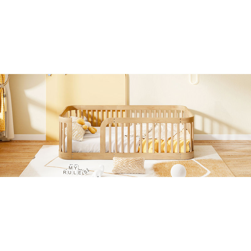 Structure de lit simple en bois avec clôture Wood, Natural, Twin