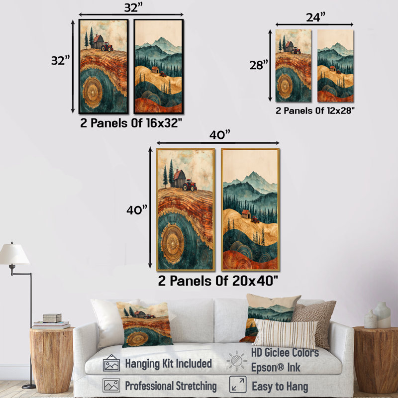 Grange avec tracteur paysage sur un dessus de brun I - Paysages, art mural 2 pièces, 40" H x 41" W, White Floater Framed