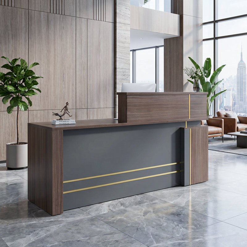 Bureau de réception moderne en noyer avec prises de courant intégrées, tiroir verrouillable et plateau à clavier coulissant pour bureau, comptoir de caisse, réception et service à la clientèle