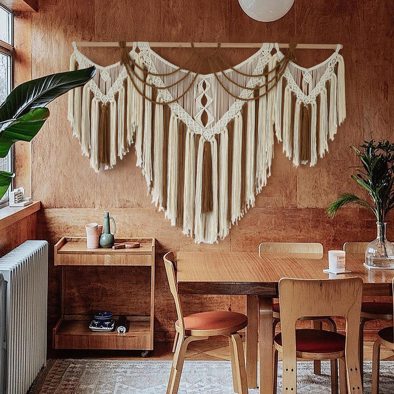 Boho tissé à la main tapisserie géométrique brune et blanche tissée à la main tapisserie décorative en macramé pour chambre à coucher moderne salon appartement bureau maison l 47 po x L 35 po
