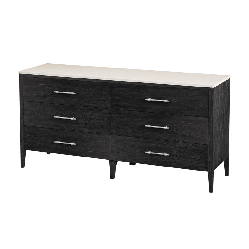 Mayfair 6 Drawer Wood and Marble Dresser, Washed Black/Ivory