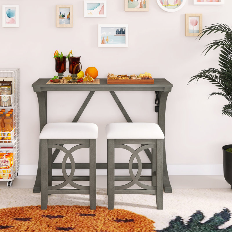 Ensemble de table et de chaises de style campagnard 3 pièces de 47,20 pouces avec port USB et tabourets rembourrés, Gris