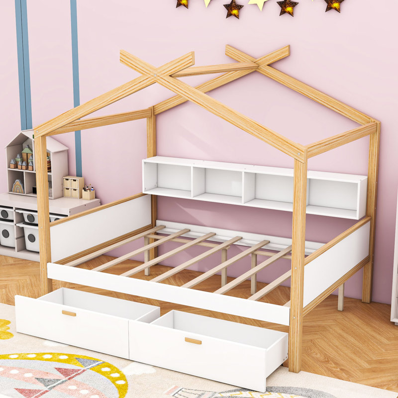 Lit maison en bois 2 tiroirs avec tablettes, Double