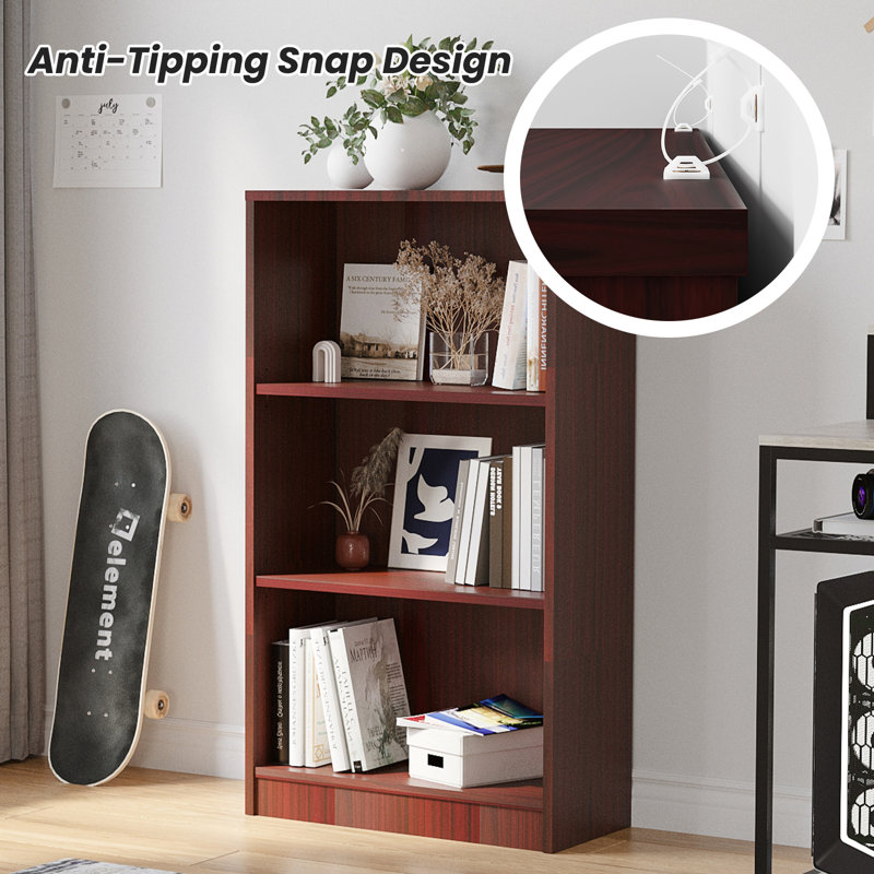 Bookcase Freestanding 3 Shelf Wood Bookshelf Adjustable Shelves for Home Office,3 Layer, Mahogany