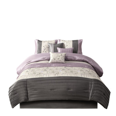 Édredon très grand 7 pièces en mauve, motif de broderie, matériau, rembourrage, comprend édredon, taies décoratives, coussins décoratifs, jupe de lit, bourre lavable à la machine, 1 2 3 lavable, élégant