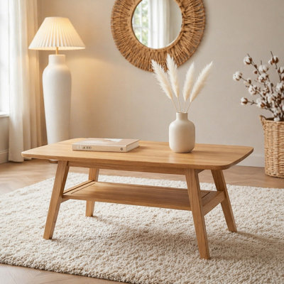 Mid Century Modern Coffee Table, 100% Solid Oak Wood Coffee Table with Storage Shelf, 2-Tier Coffee Table with Rounded Corners for Living Room, Office
