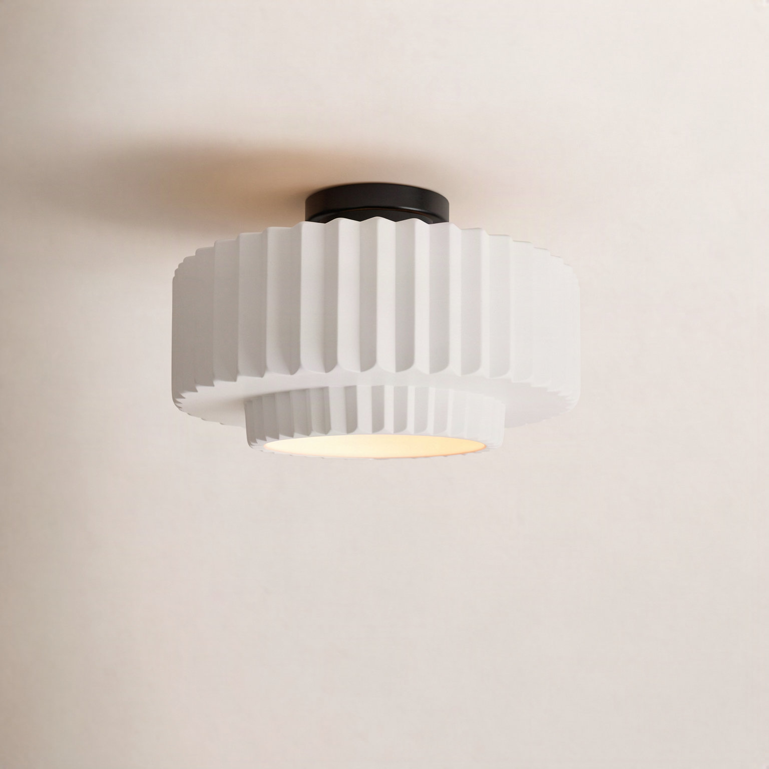 Single Light Ceramic LED Semi Flush Mount, 8" H x 16.5" W x 16.5" D, Bisque, Matte Black