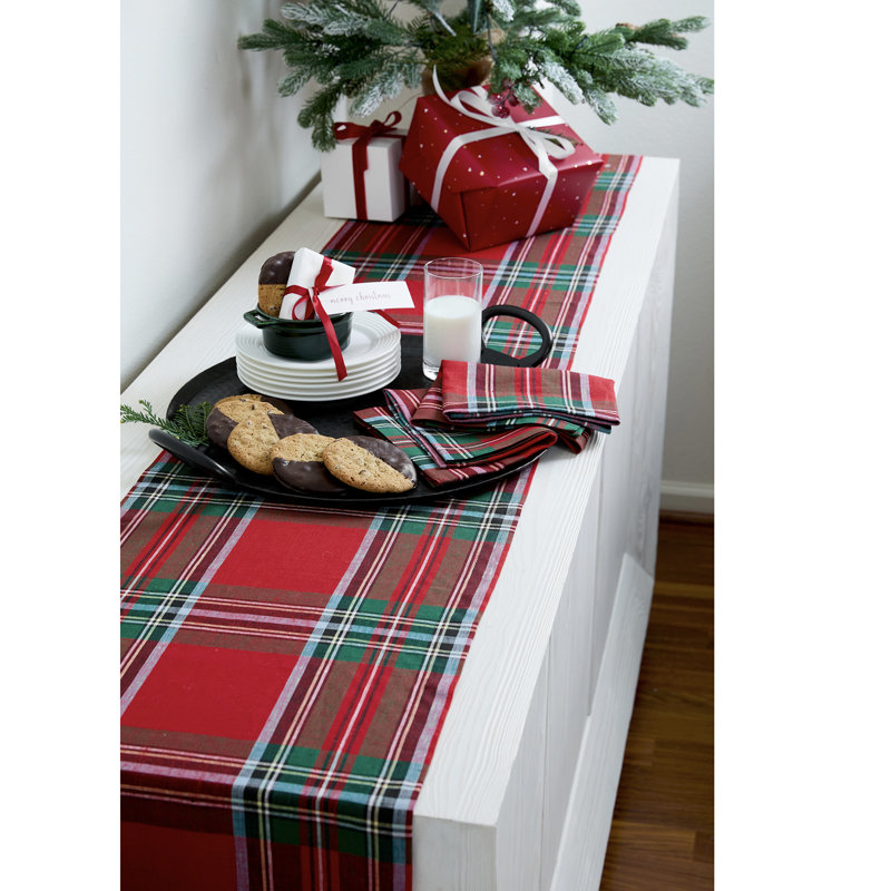 Madras Holiday Plaid - 100% Pure Linen Table Runner, 132" x 14"