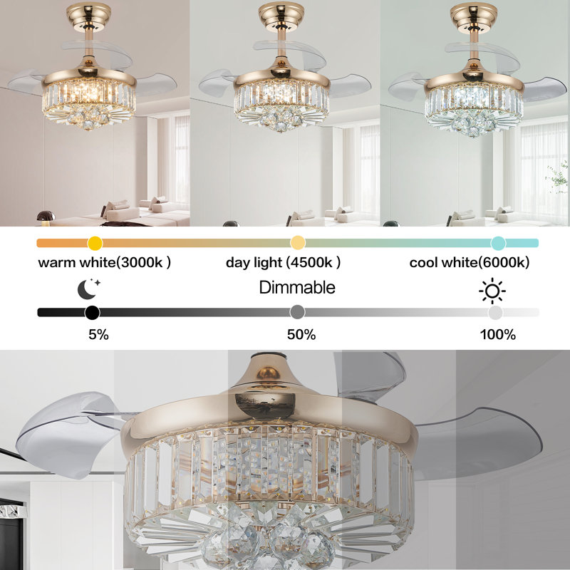30" Dimmable Crystal Chandelier Fan, Gold