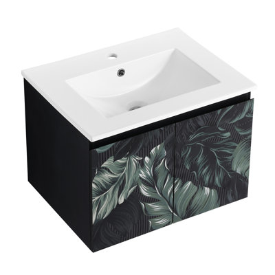 Meuble-lavabo mural 24 po. Contreplaqué noir avec porte à fermeture en douceur. Évier en céramique pour une construction moderne et paisible.