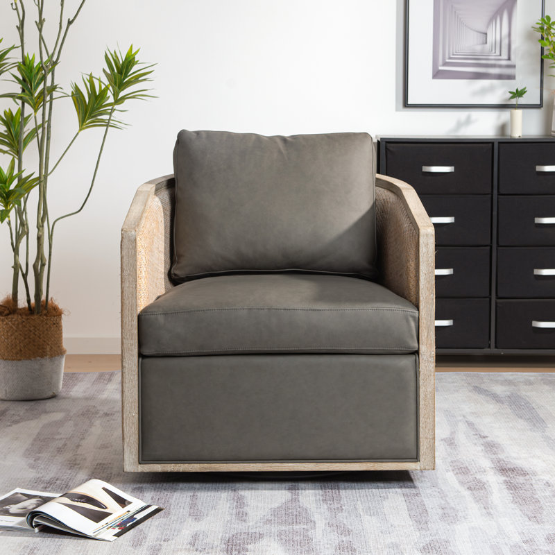  Genuine Leather Oak Wood Cane Swivel Barrel Chair, Gray Genuine Leather