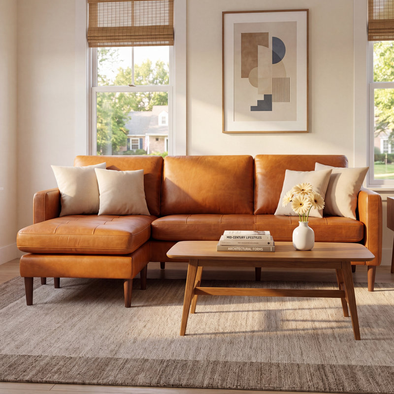 Daylen Genuine Leather Reversible L-Sectional, Saddle Genuine Leather 